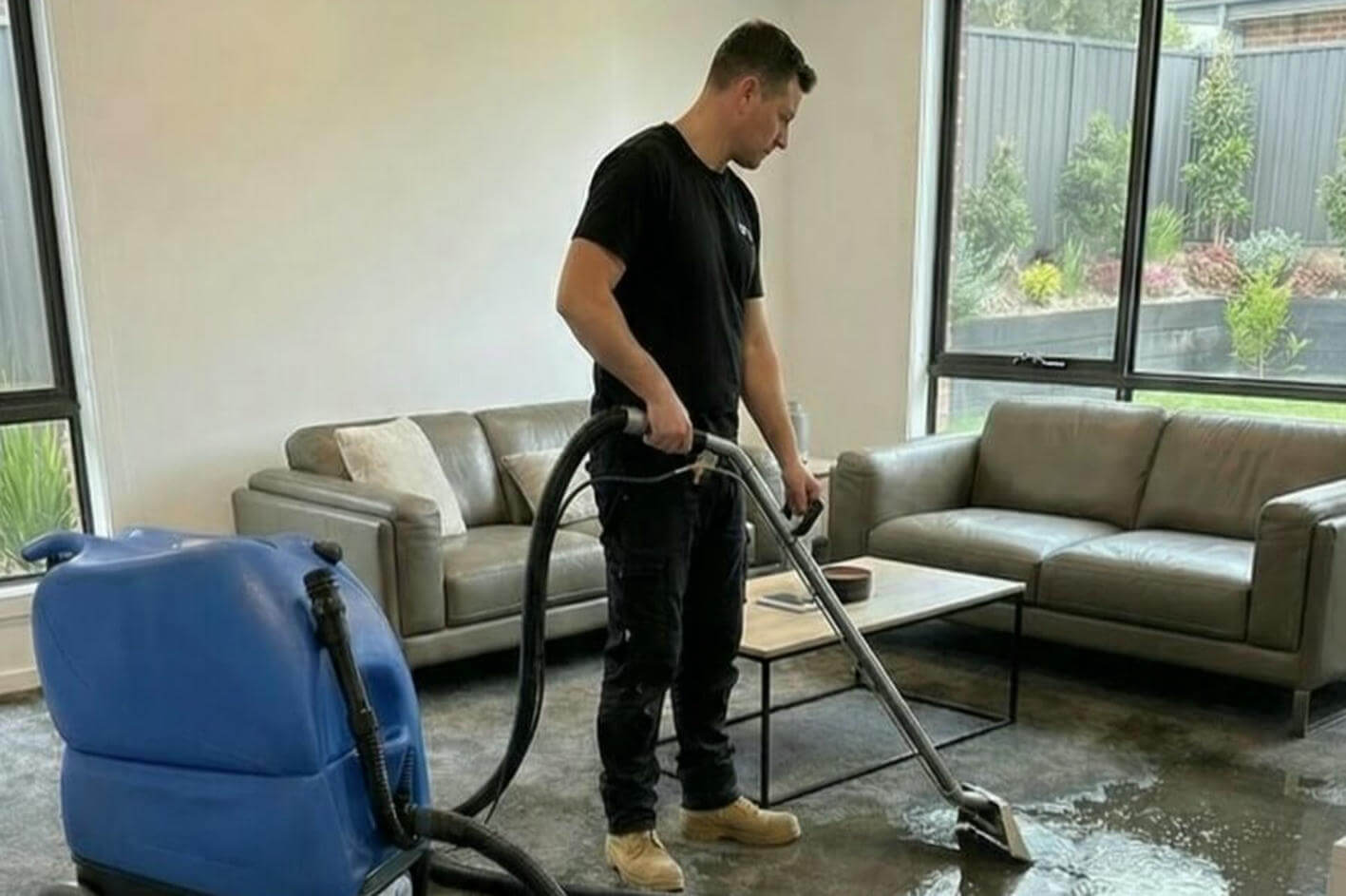 Carpet cleaning and water extraction in a residential living room with wet flooring