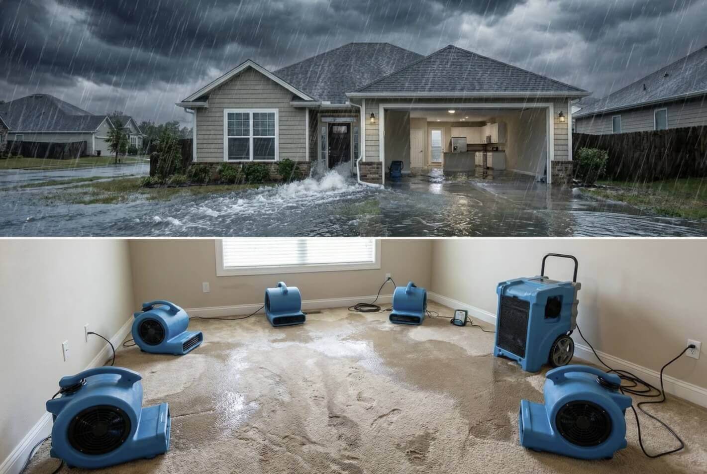 House flooding comparison showing exterior floodwater and interior drying equipment setup