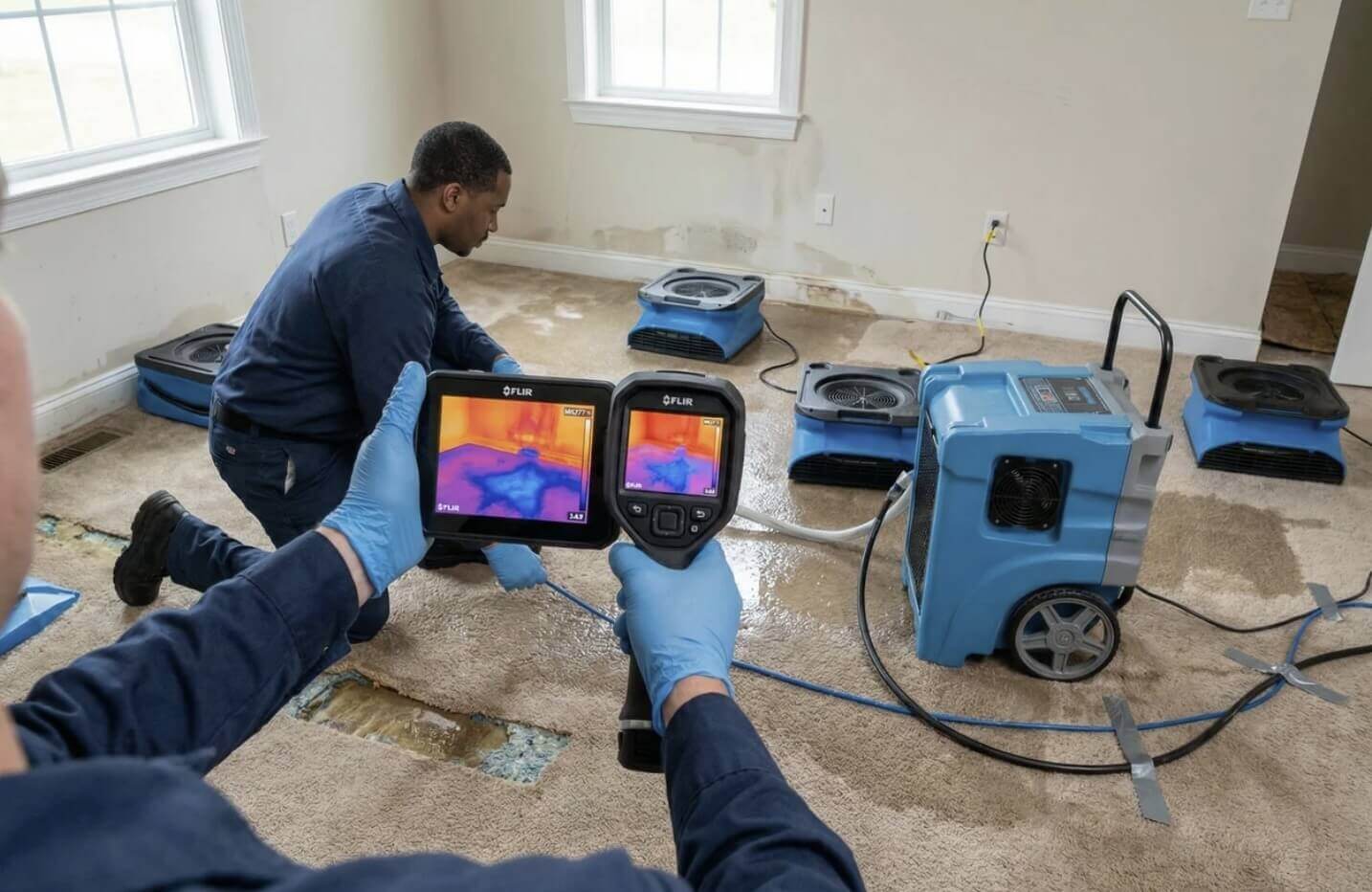 Technicians using thermal imaging to inspect water damage during carpet restoration
